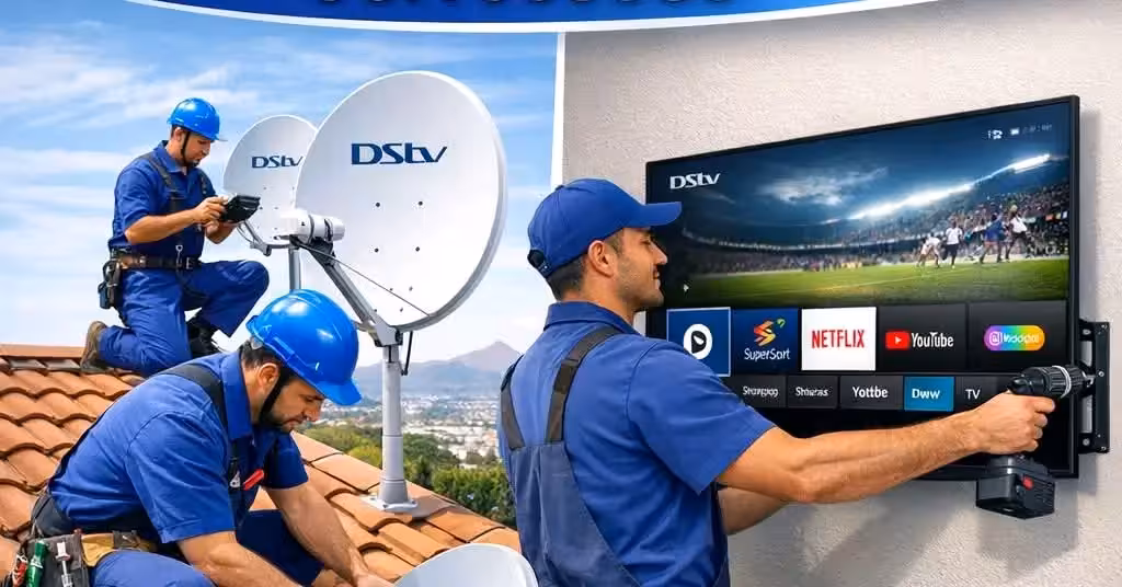 DStv signal repair cost in Cape Town — technician re-aligning a satellite dish after wind damage